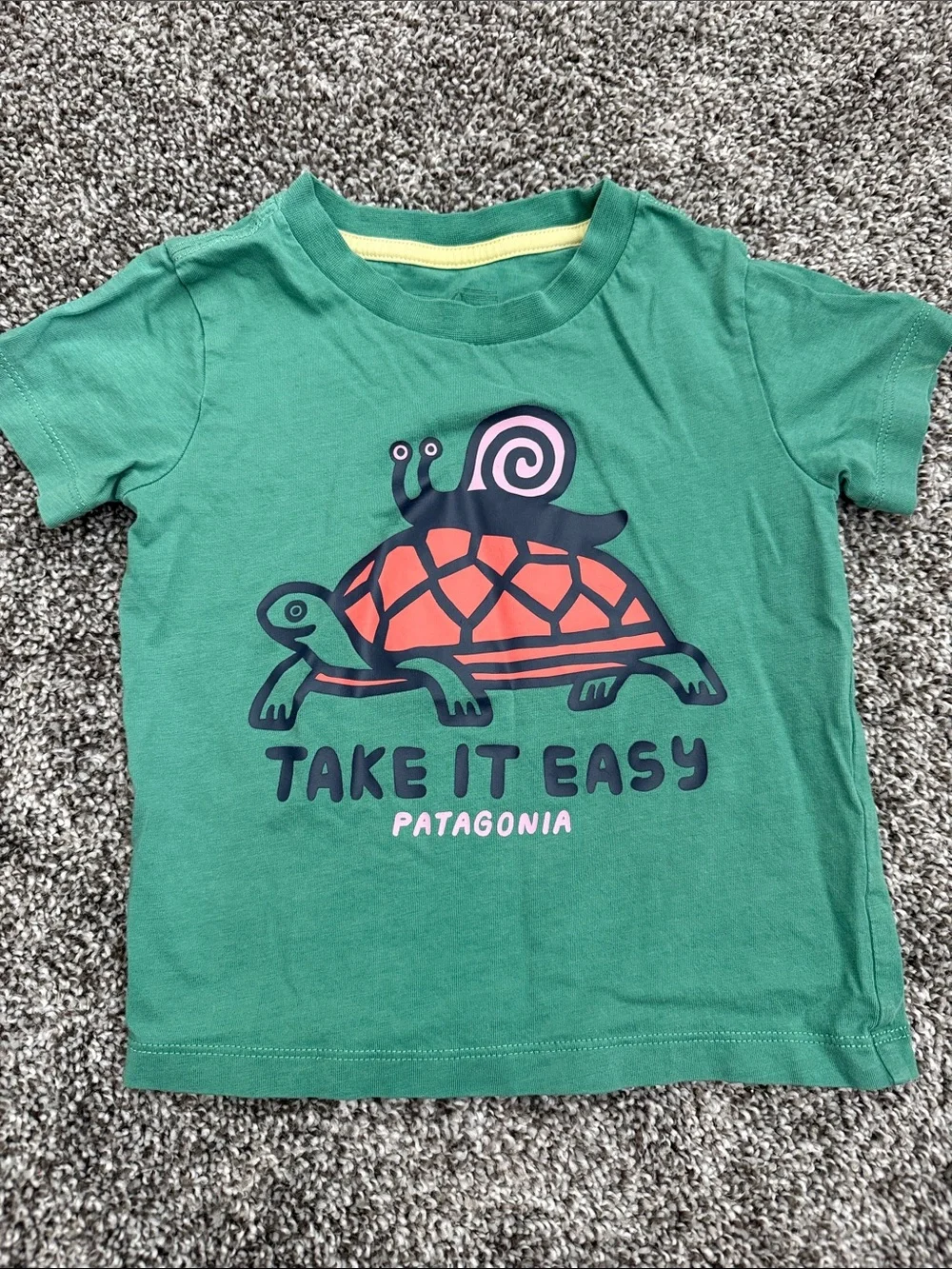 Patagonia Green Kids Tee with Turtle Graphic and Coral Accents